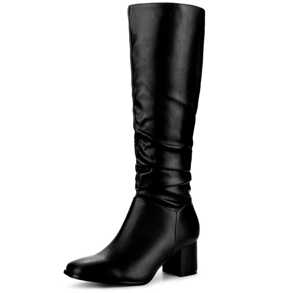 Dress Boots Square Toe Chunky Heel Black Slouch Knee Highs Boots